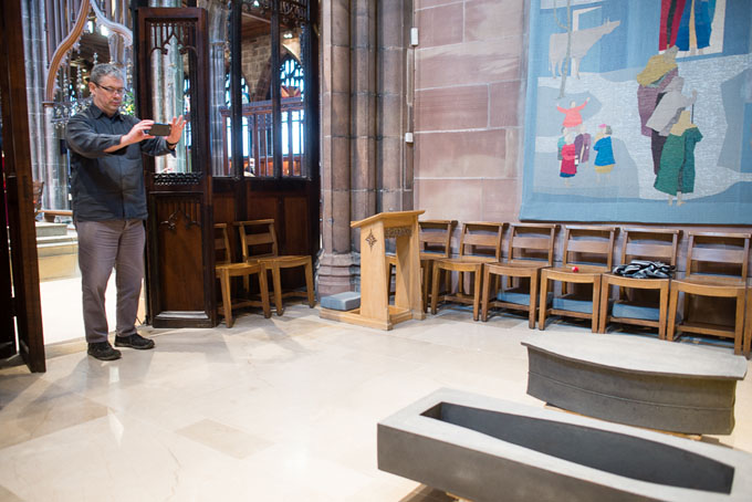 Julian Stair installing Quietus in Manchester Cathedral 2016